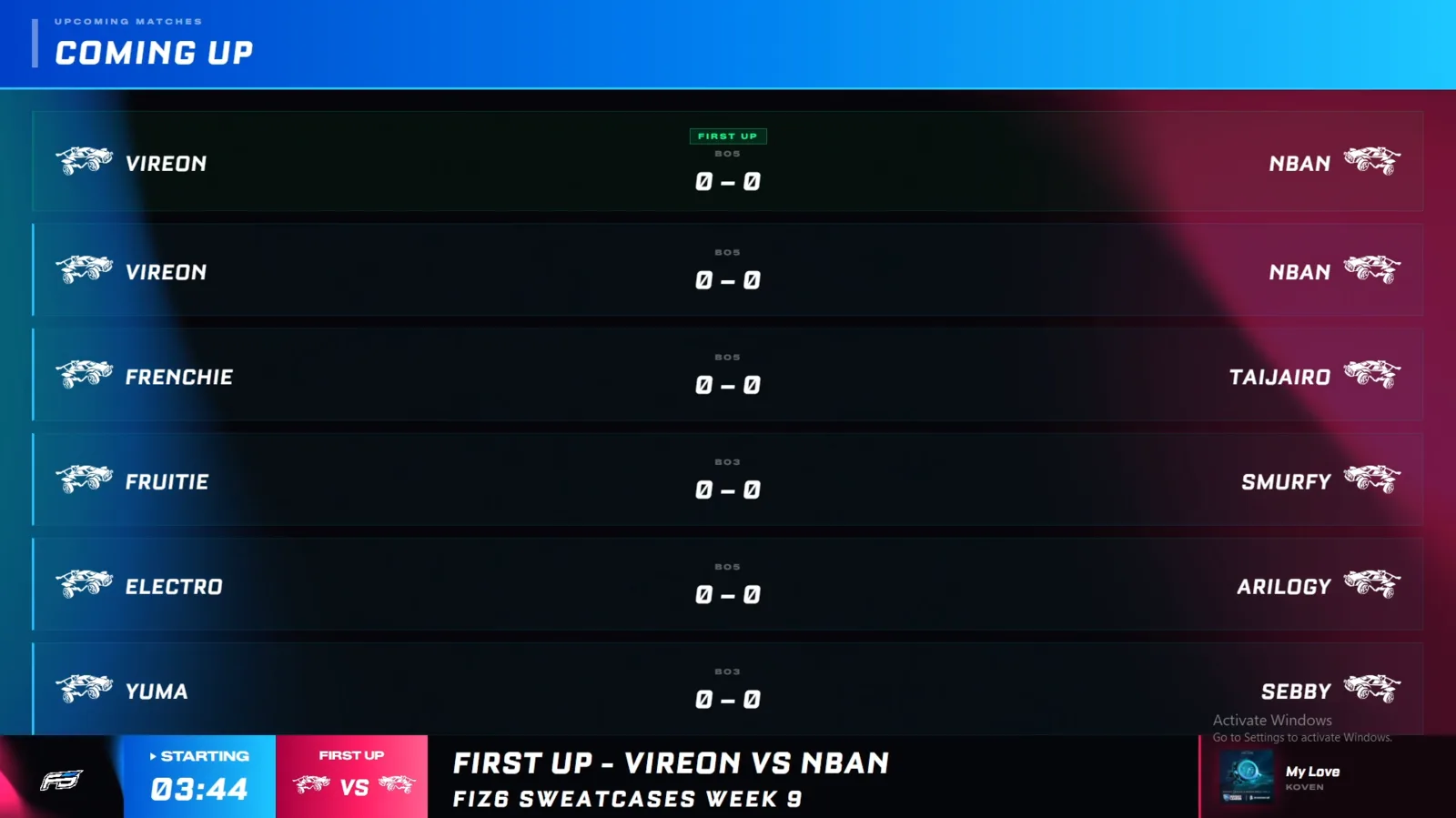 HUDrift Coming Up bracket overlay listing upcoming Rocket League matches